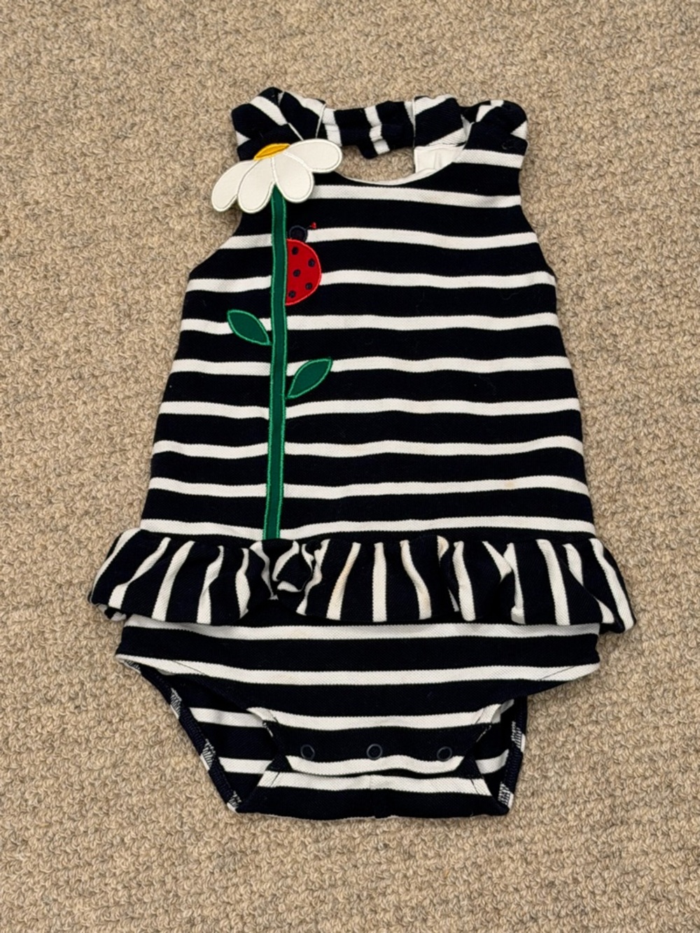 Florence Eiseman Black and White Striped Ladybug and Daisy Romper/ Onesie